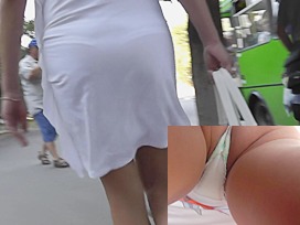Too sexy short white skirt and upskirt panty pad